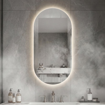 48" x 24" LED Touch Screen Anti-Fog Bathroom Mirror,0.2in Copper-Free Silver Glass, 3-Color Dimmable Lighting, One-Button Defogger, Frameless Capsule Edge, Explosion-Proof Backing