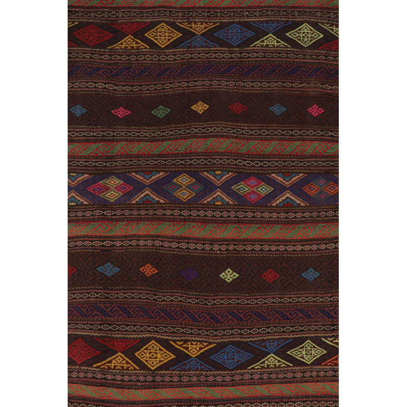 Vintage  Soumak Kilim, Vibrant Diamonds On Rich Brown Tones - Rug & Kilim