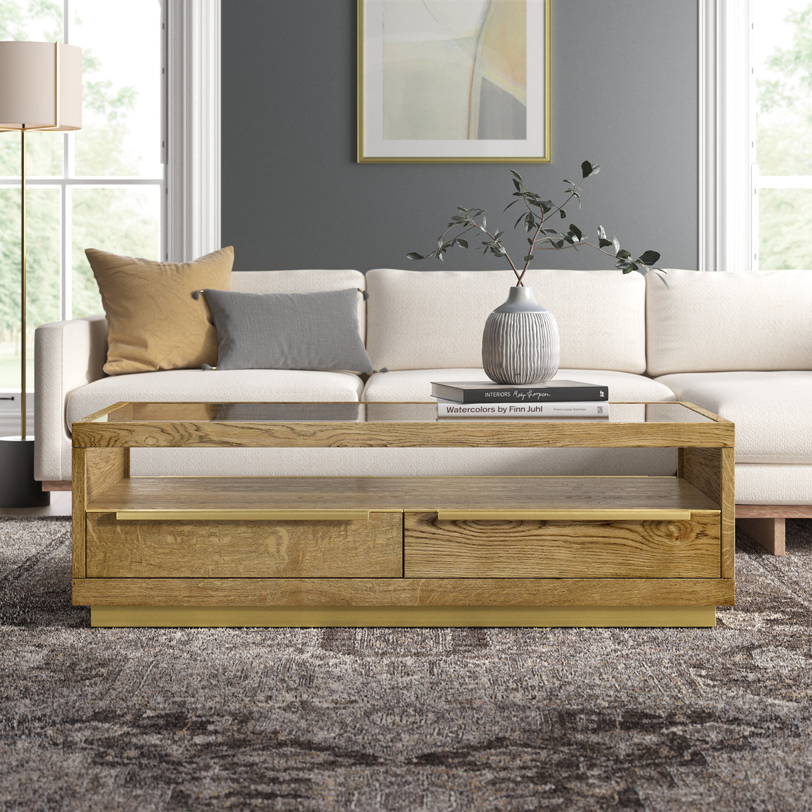 Fallbook Glass Top Coffee Table with Drawers