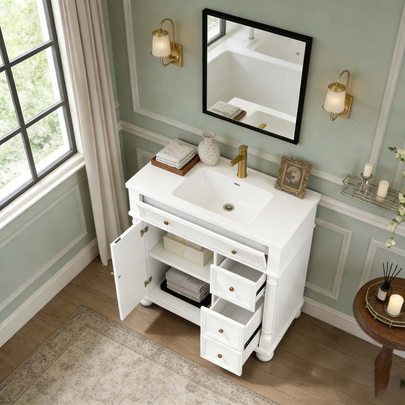 Lavabo de salle de bain 36 po avec colonne romaine Mid-Century, Blanc