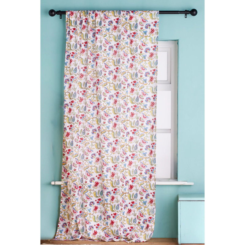 Indian Floral Flower Design Pale Whit Cotton Block Print Curtain Panel