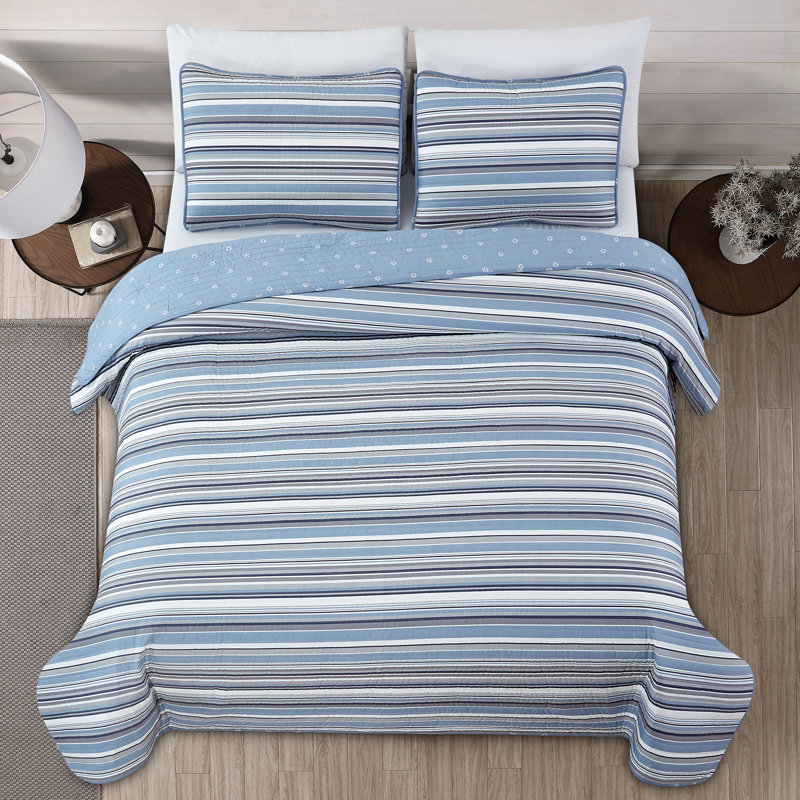 Ensemble de courtepointe réversible en microfibre bleu / gris Elise, Courtepointe grand + 2 couvre-oreillers standard