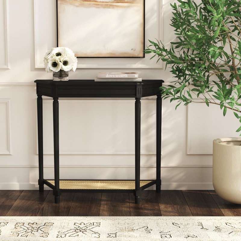 Carterlee Demilune Console Table with Cane Shelf, Black