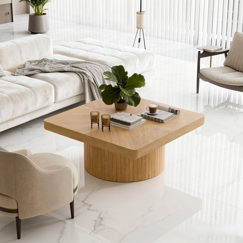 Table basse carrée avec base cylindrique, Naturel