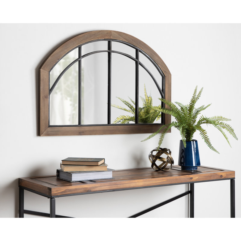 Haldron 36" Rustic Brown Wood Arch Mirror with Iron Fretwork