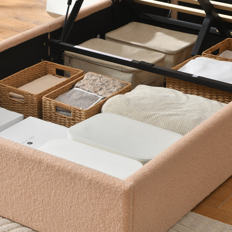 Lit plateforme tapissier Bensu Boucle, Simple, Rosé