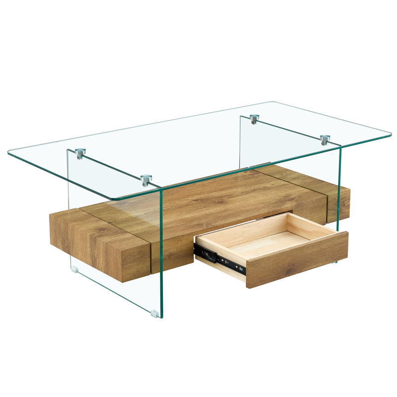 Table basse moderne à deux niveaux de 43,3 pouces - verre trempé transparent et grain de bois naturel, conception de rangement multifonctionnelle. L'étage inférieur comprend un tiroir. Peut être utilisé comme table basse, table d'appoint, etc.