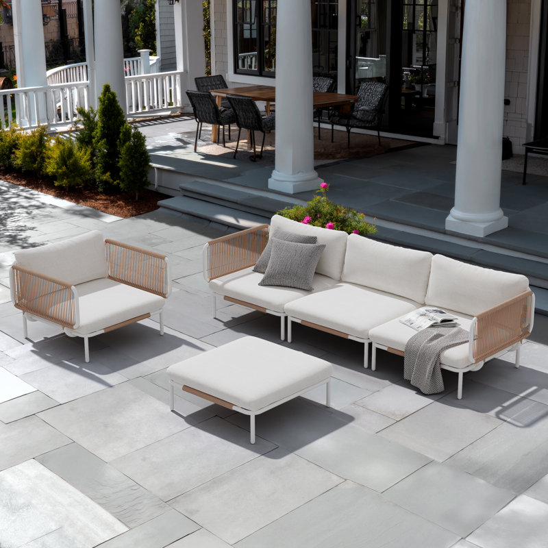5-Person Metal Outdoor Patio Sectional, Beige Cushion/White Frame