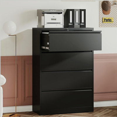 4 Drawer Lateral File Cabinet, Heavy Duty Metal Filing Cabinet, 35.4 Inch Wide Locking File Cabinet for Home Office, Space-Saving Vertical Storage with Anti-Tip Interlock, for Letter/Legal/A4 Files