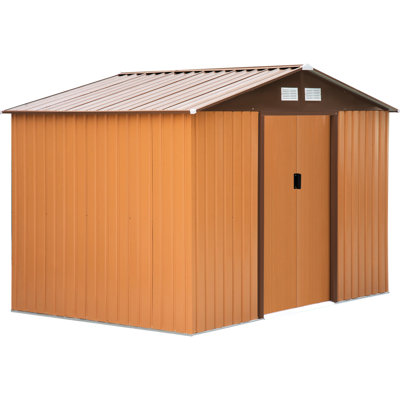 Cachette à outils extérieure 9 'x 6' jaune avec fondation, 4 évents et 2 portes coulissantes, pour la cour, le garage, la pelouse - espace spacieux, fournitures de jardin, bonne ventilation, acier galvanisé, incliné
