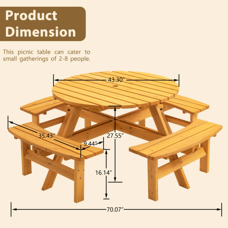 Table de salle à manger d'extérieur avec 4 bancs intégrés, Naturel