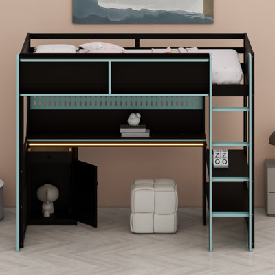 Modern Gaming Loft Bed with Integrated Desk, LED Lighting & Built-in Charging Station