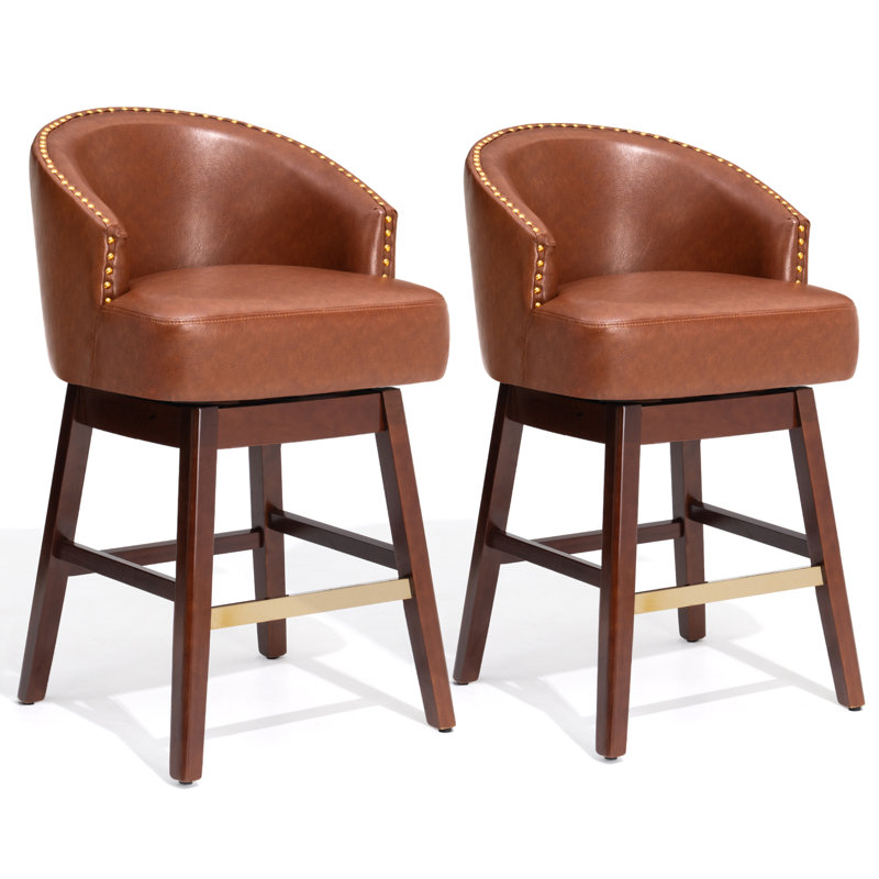 Tabouret de comptoir pivotant en similicuir de 26,4 po avec pieds en bois massif, Brun-roux