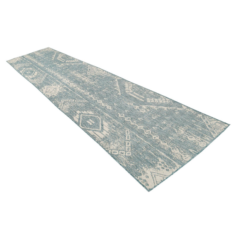 Tapis d'extérieur équivine de couleur turquoise-ivoire clair, Tapis de couloir 2 pi 7 po x 8 pi