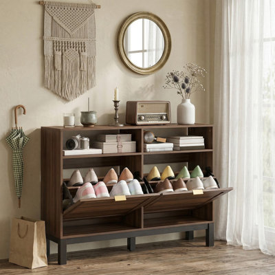 HOMCOM Narrow Shoe Cabinet with 2 Flip Drawers Holds 8 Pairs