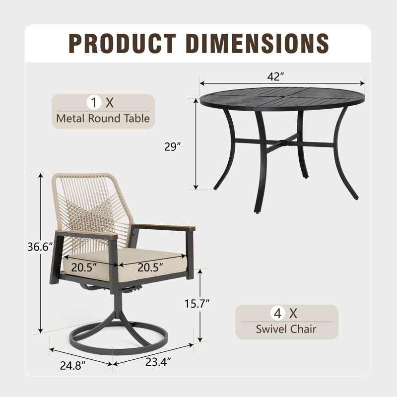 Ensemble repas d'extérieur avec chaises pivotantes et coussins Kerrie, 4