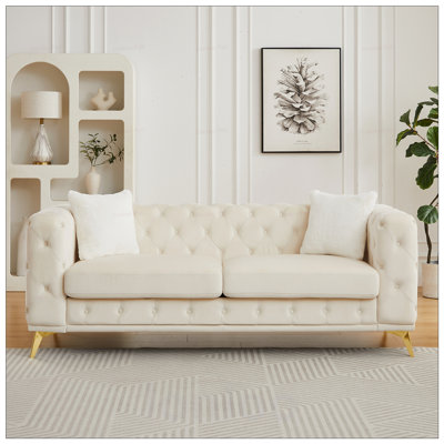 Luxurious Velvet Chesterfield-Style Sofa with Tufted Detailing, 2 Throw Pillows, and Sturdy Metal Legs for Elegant Living