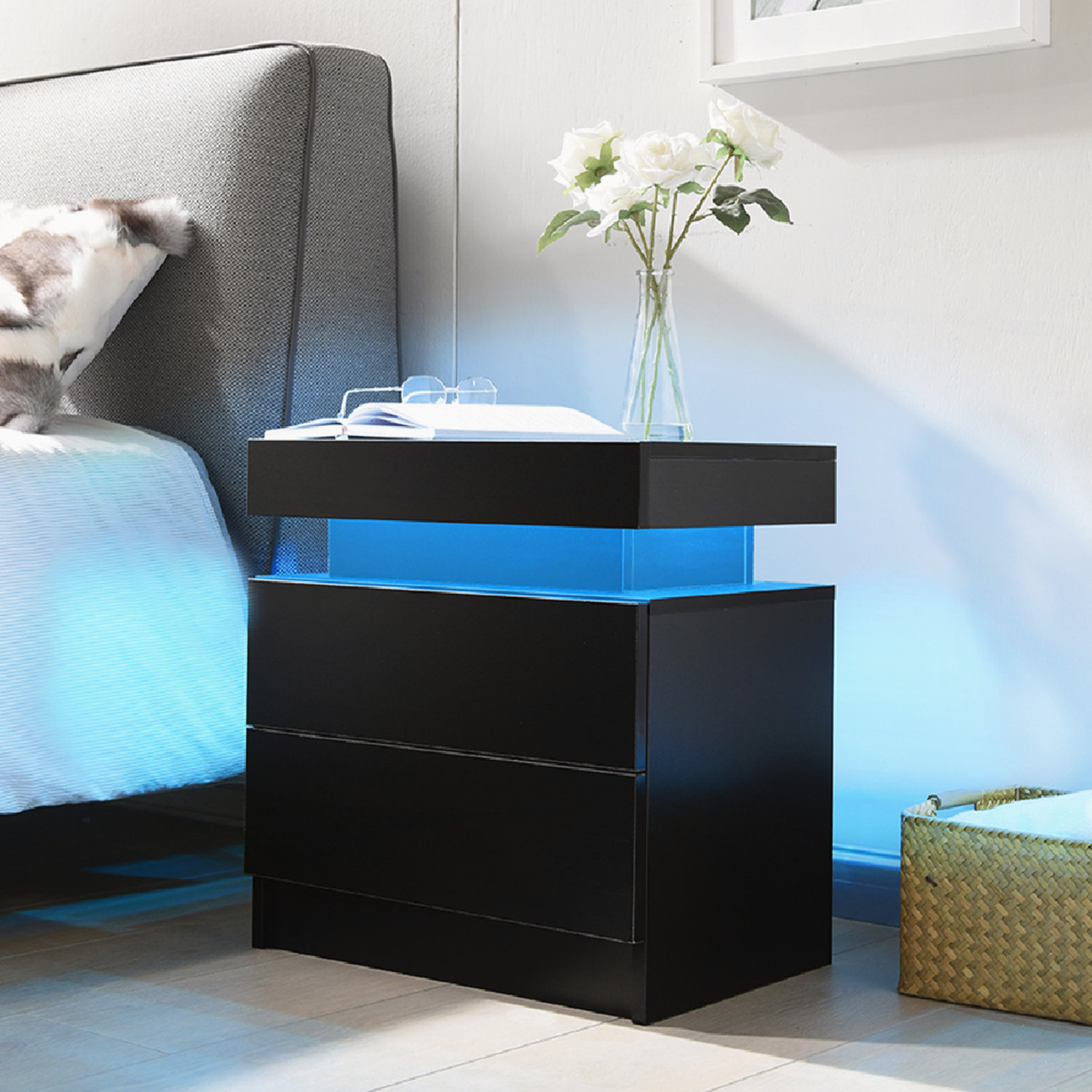 Nightstand LED Bedside Table Cabinet Lights Modern End Side with 2 Drawers for Bedroom, White Red