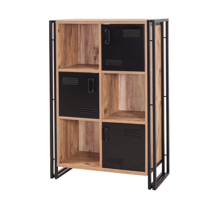 Bibliothèque industrielle moderne avec cadre en métal et portes plaquées, 35,0 x 50,0 x 13,8 pouces | 100% panneau de particules enduit de mélamine, 0,7 po d'épaisseur | Pin atlantique et noir | Fixation murale, nombreuses tablettes, capacité de 88 lb