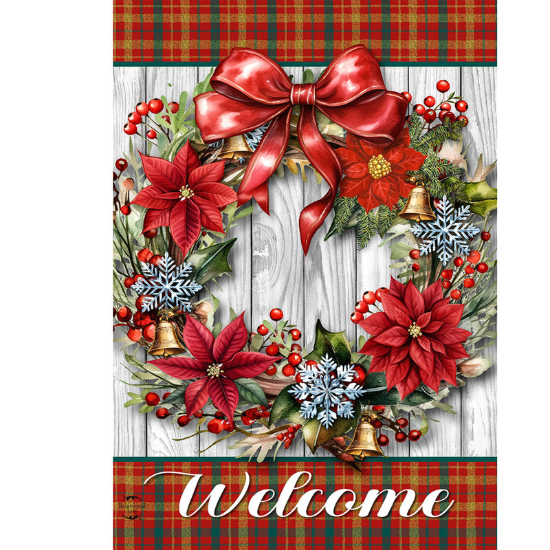 Drapeau des fêtes maison poinsettias, Rouge / Vert / Gris