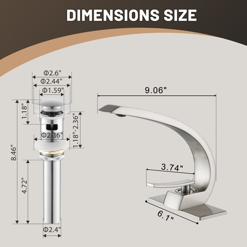 Robinet de lavabo de salle de bain à poignée simple Modern, Bonde incluse, Brushed Nickel