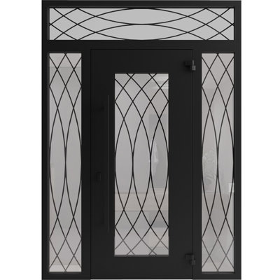 Front Exterior Prehung Aluminum Door Iron 1600 Black Entry Steel Metal Classic Painted 62 x 96 (14+36+14 x 80+16)-Left-hand Inswing