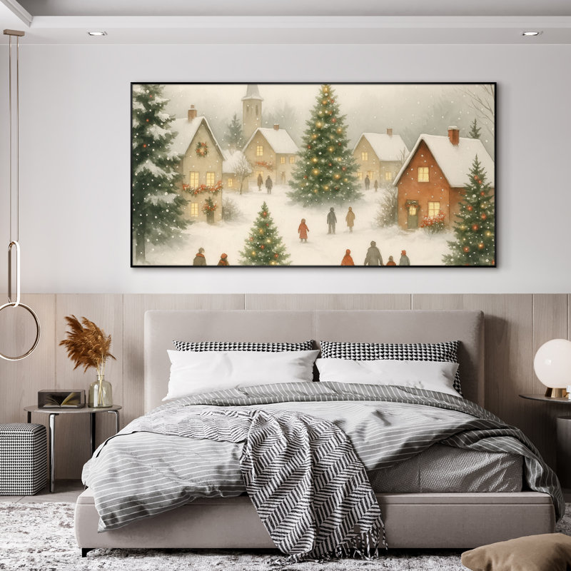 Très grand art mural imprimé sur tissu vert - Village de Noël enneigé fantaisiste - "Assemblage requis (cadre non fini)"