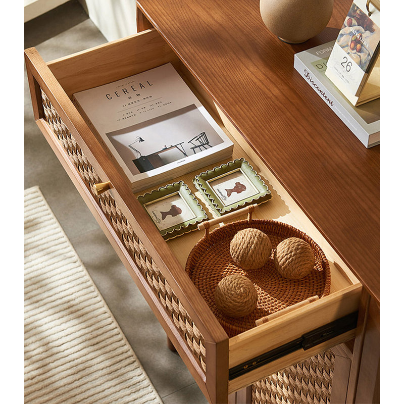 Solid Wood Rope-Woven Storage Shoe Cabinet