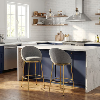  Celano Indoor Metal Upholstered Barstools with Gold Plated Frame, Half Moon Back, Mixed Grey Set of 2