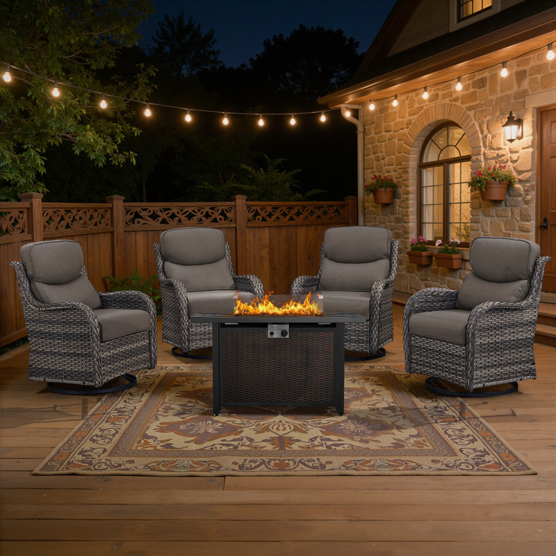 Ensemble de sièges d'extérieur en osier pour 4 personnes avec fauteuils coulissants pivotants, Gris, Gris