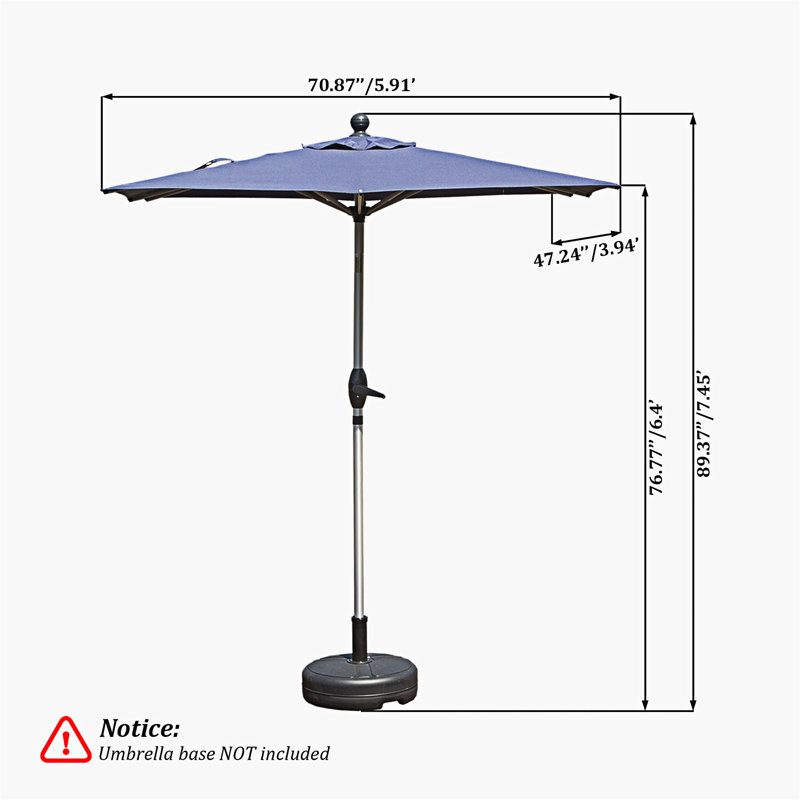 Parasol de patio rectangulaire avec fonction d'inclinaison à manivelle, base marine non incluse, 89.38" W x 70.88" D, Marine