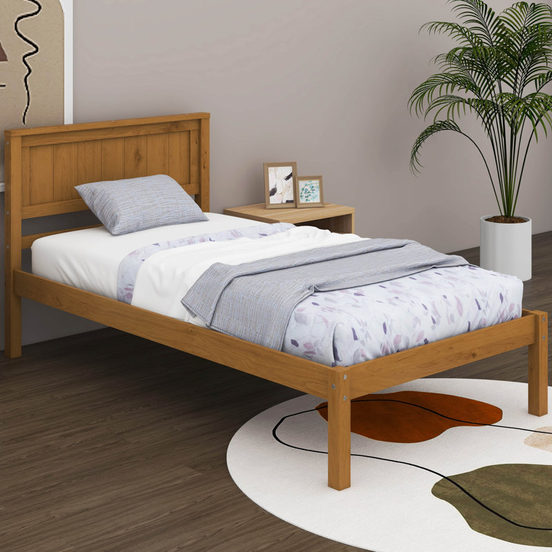 Base de lit plateforme avec tête de lit Nicanora, support à lattes de bois, Simple