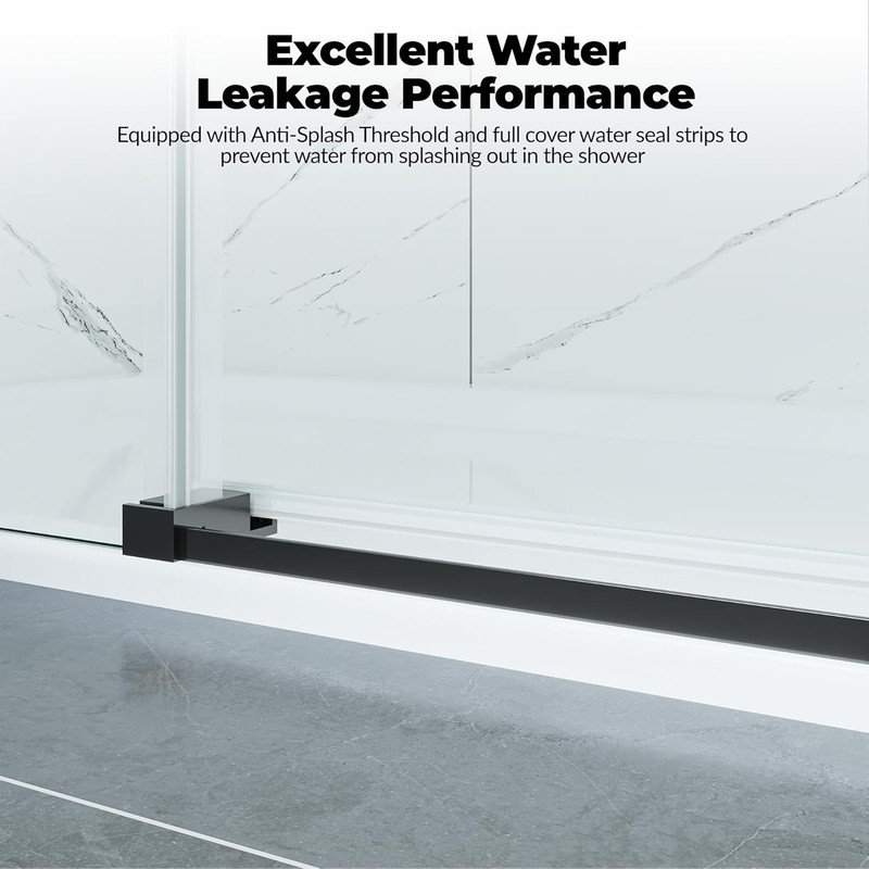 76" Sliding Shower Door 56-60" W, Brushed Stainless Steel Glass Door with Seal Strip & Handle, Black