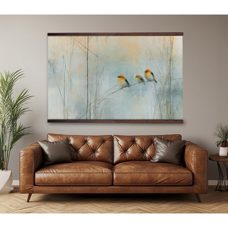 Trois oiseaux chanteurs sur une branche, art mural botanique bleu, H 40 po x l 60 po