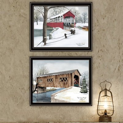 2 Winter Covered Bridges Framed Wall Art For Bedroom & Living Room - Multicolor Wood+Paper, 18X1x14 In., 5 Lb Home Decor Print 17.76" X 1.03" 13.94", 5.01