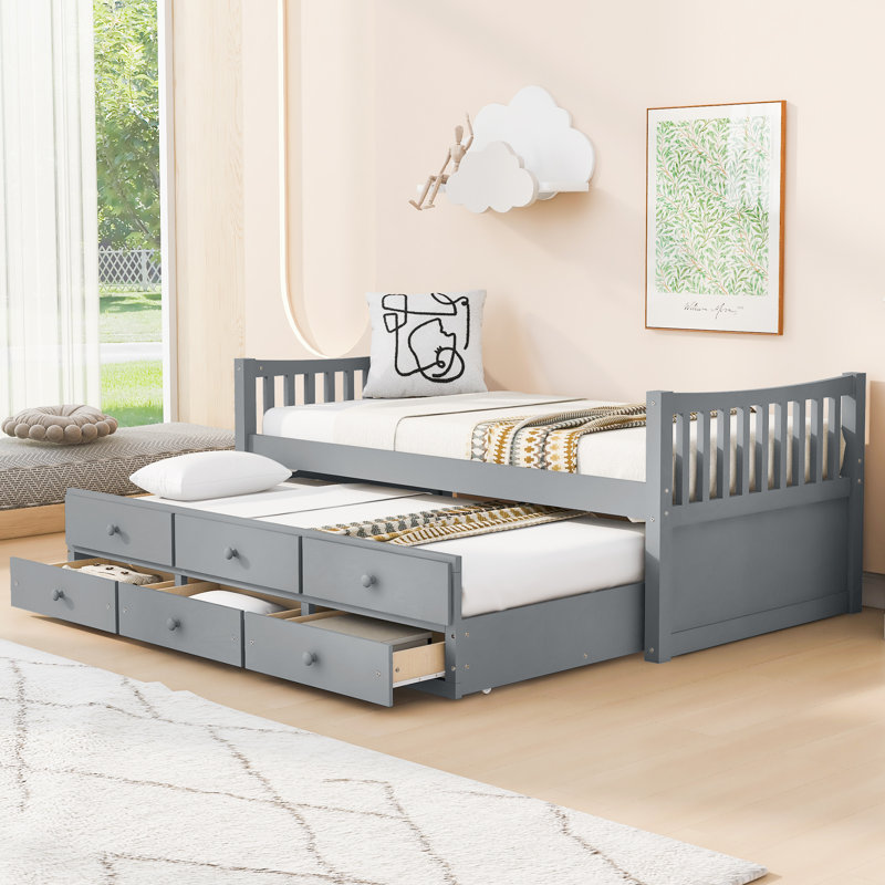 Daybed with Trundle and Drawers, Twin Size, Gray, Gray