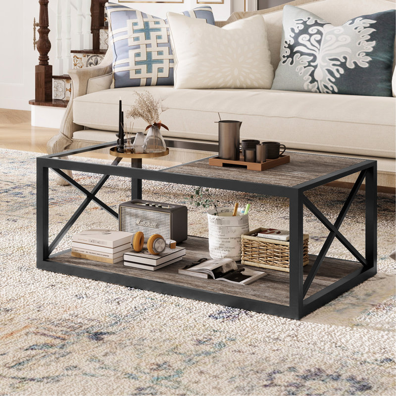 Table basse contemporaine avec rangement en verre trempé et structure en métal, structure stable, structure industrielle unique en X avec charge de 220 lb, matériau, surface lisse, largeur 38,94 po
