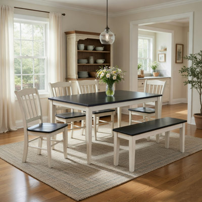 Ensemble de table de salle à manger Nova 6 pièces avec 4 chaises et banc, frêne noir et blanc antique