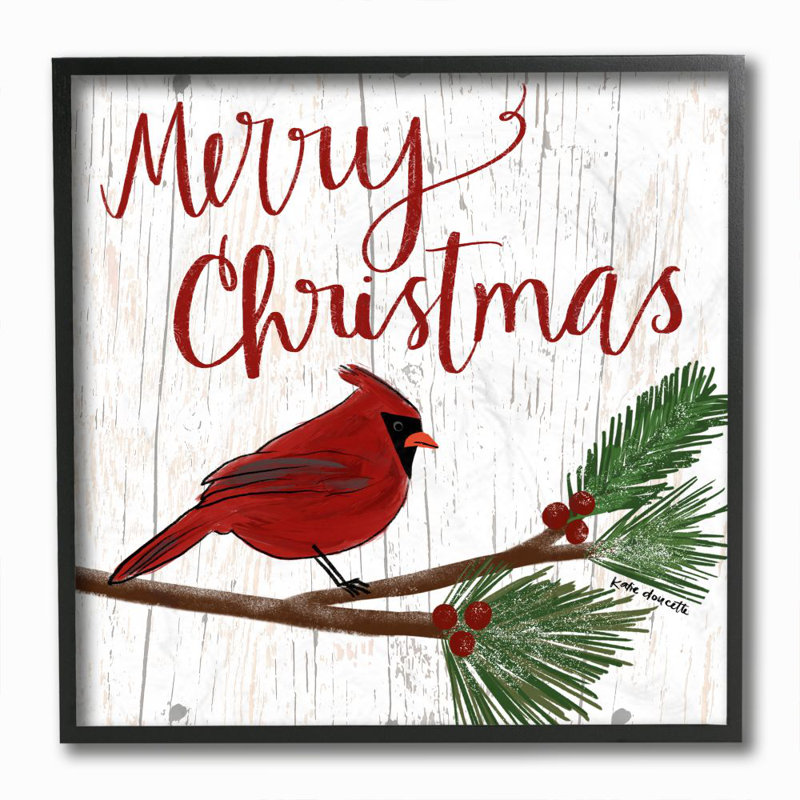 «Merry Christmas Red Bird», peinture, H 12 po x l 12 po, Cadre noir