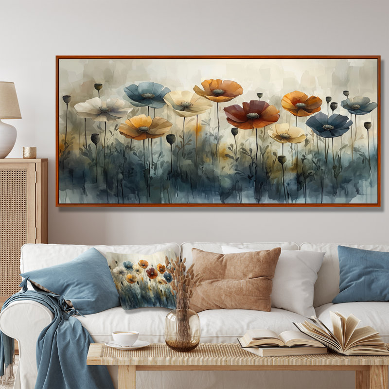 Hiver, minimalisme, coquelicots, champ I - coquelicots, art mural, Cadre flottant brun, H 28 po x l 60 po