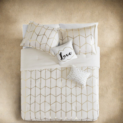 Modern 5-piece Full/queen Polyester Bedding Set With Geometric Print And Decorative Pillows