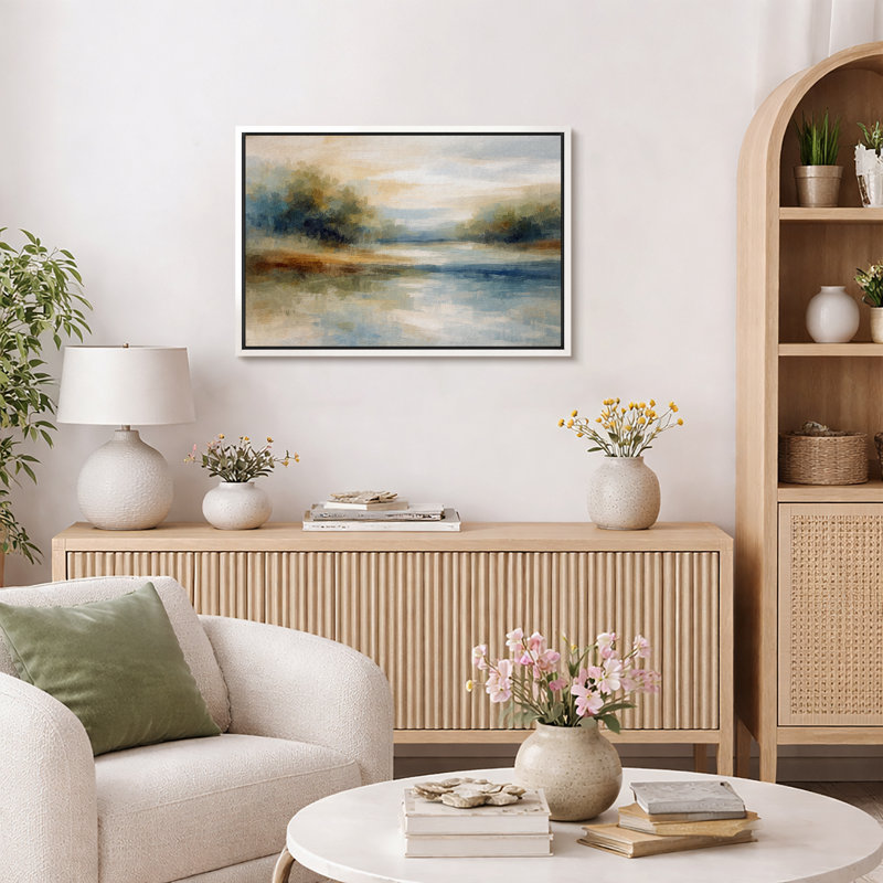 Soft Blue Green Lake Landscape Artwork, Modern Bedroom Pictures, Framed Canvas Giclee Print Wall Art, 24" H x 36" W x 1.5" D