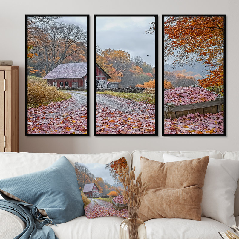 «Red Farm Landscape Autumn Harvest - Ensemble de salon d'art mural de ferme, H 28 po x l 36 po x P 1 po