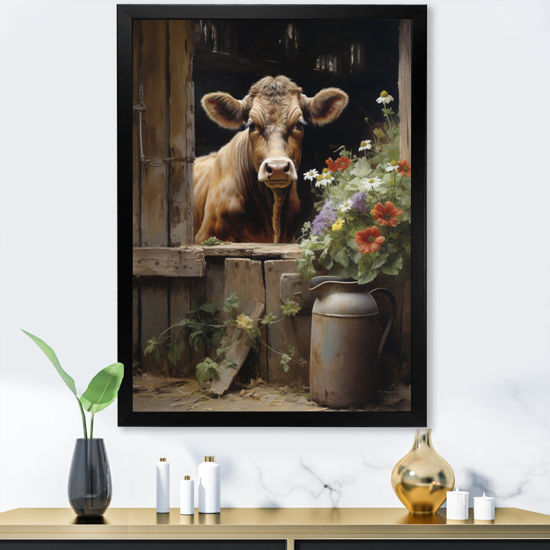 Brackeen Cow Rustic Charm III - vache, art mural, Cadre simple noir, H 32 po x l 16 po x P 1 po
