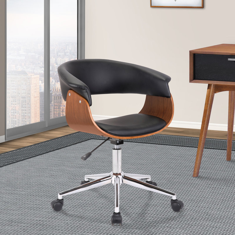 Casler Mid-Century Office Chair with Open Back in Faux Leather, Walnut Veneer and Chrome Finish, Black