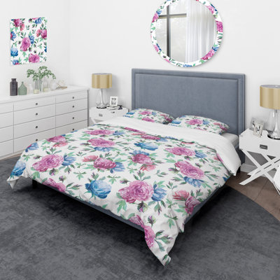 Blue and Pink Roses - Ensemble de housse de couette floral - Polyester microfibre