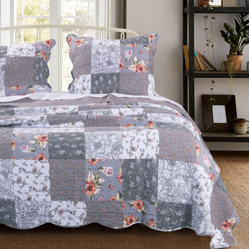 Floral Patchwork Gray and White Microfiber Quilt Set