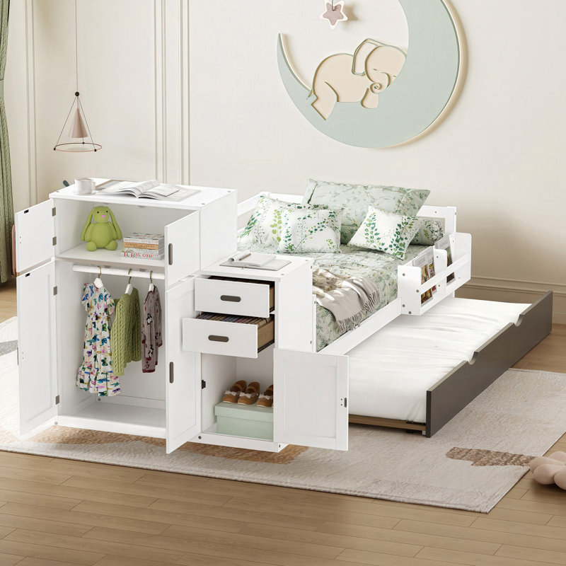 Lit plateforme en bois avec bibliothèque pour échantillon et garde-robe mobile, lit multifonctionnel avec lit gigogne intégré