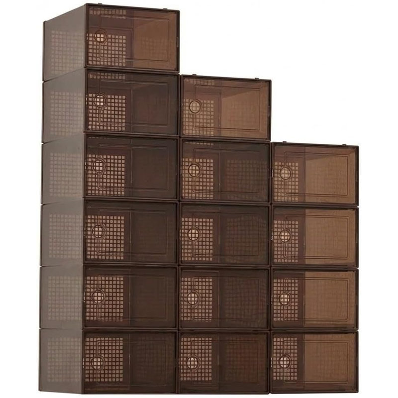 Clear Plastic Folding Shoe Storage Boxes, 12-Pack, Closet Organizer for Shoes and Small Items, 15, Brown