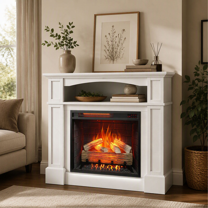 Foyer électrique infrarouge encastré de 58 cm (23 pouces) avec bûches et flamme réaliste, télécommande avec minuterie et protection contre la surchauffe.